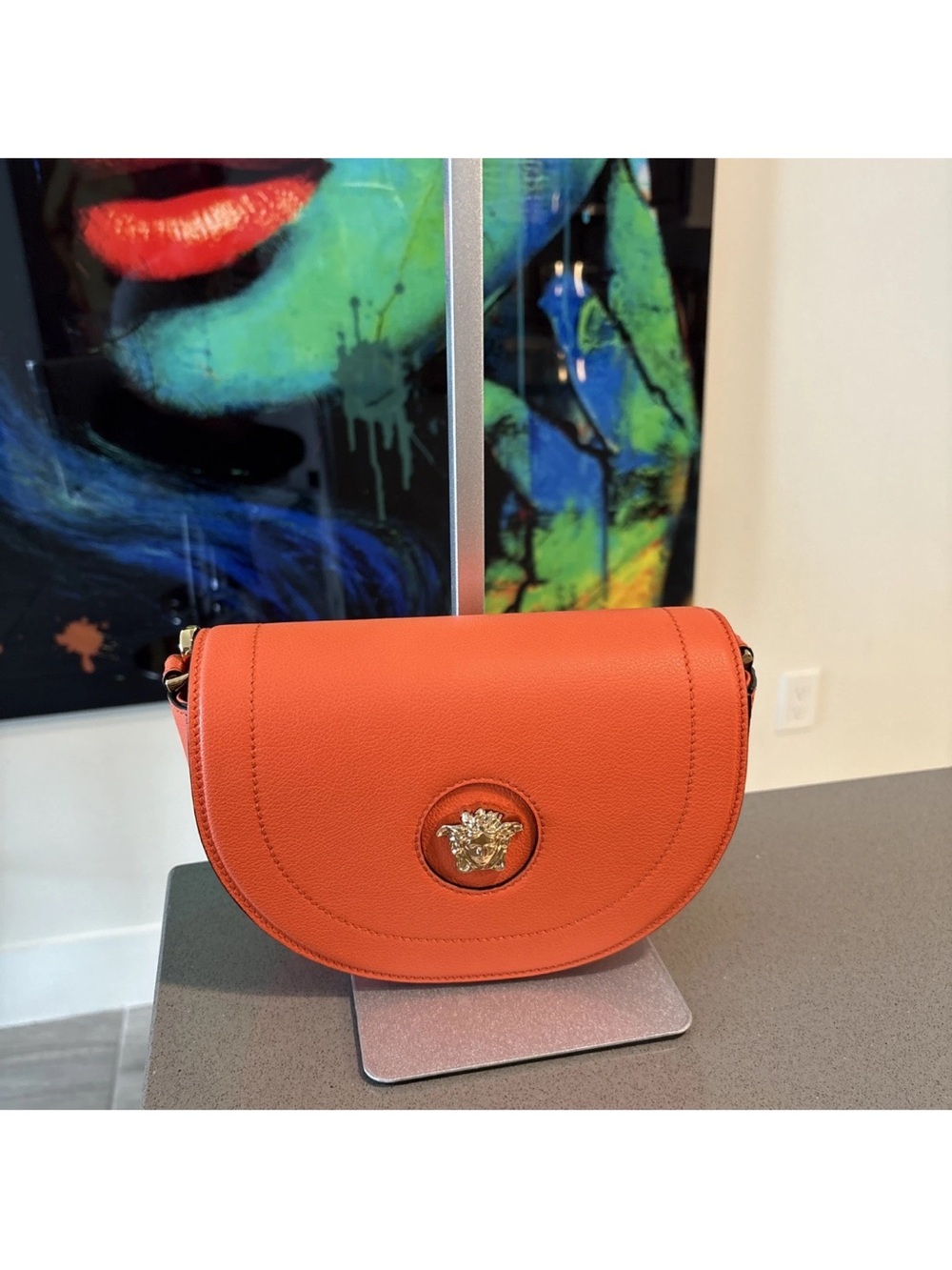 Versace Orange Pebbled Leather Crossbody Bag with Medusa - Picture 2 of 13